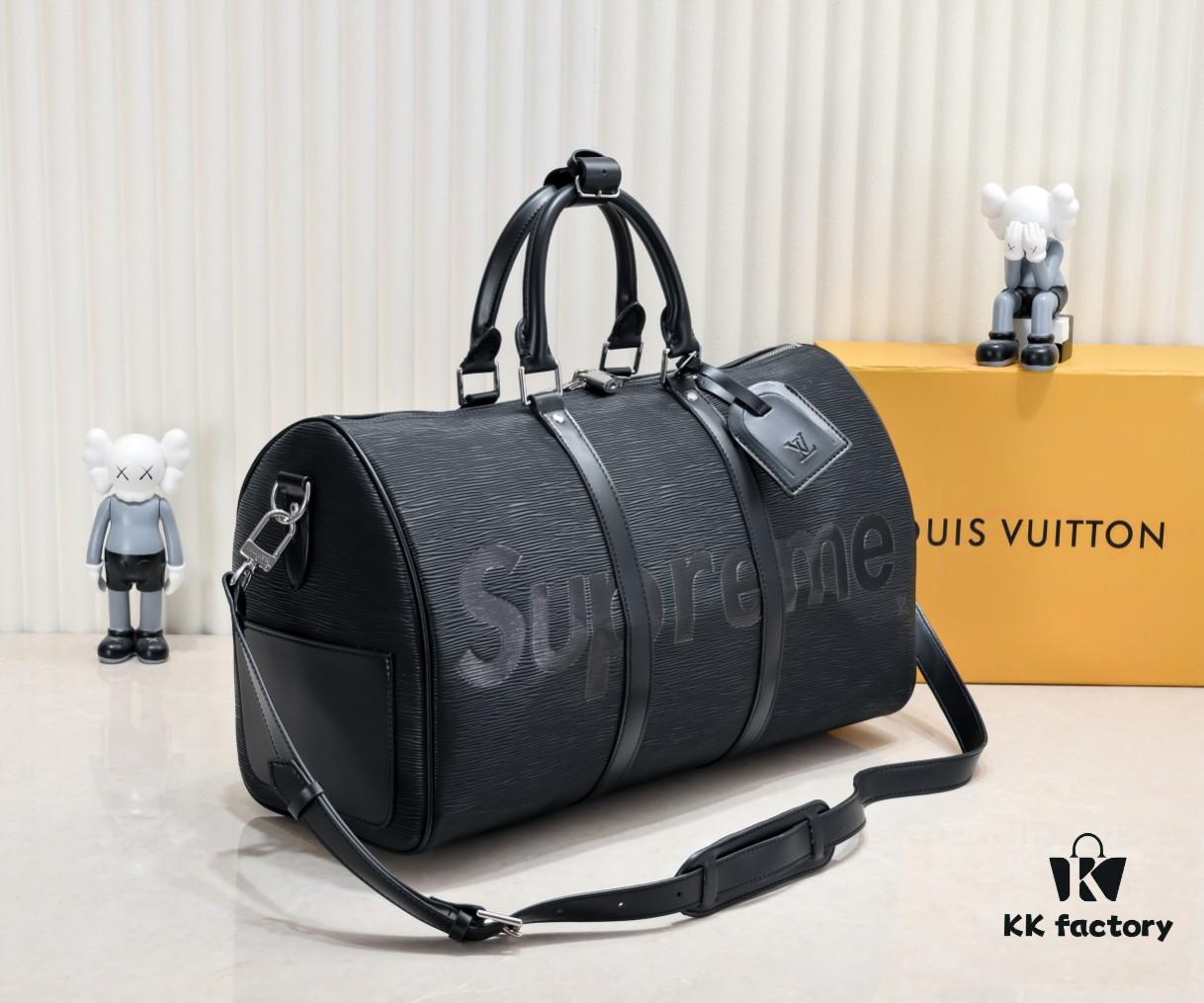 Authentic Shot Genuine Cowhide Supreme Keepall Travel Bag 45cm M41416 M53419 Super Popular🔥 LV x Supreme Collaboration