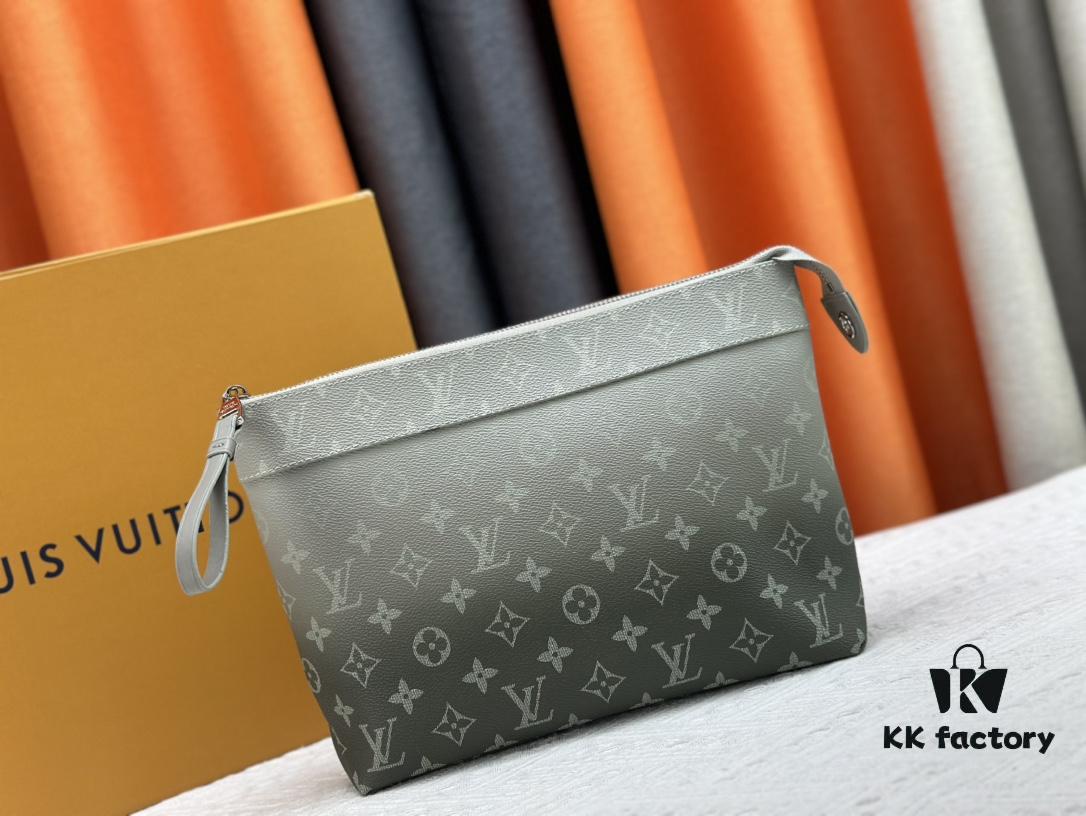 New Arrival 'Louis Vuitton' Clutch Bag M11545 Gray-Green LOUIS VUITTON Pochette Voyage Zip Closure with Letter Logo, Leather Unisex Clutch for Men and Women, Multiple Colors