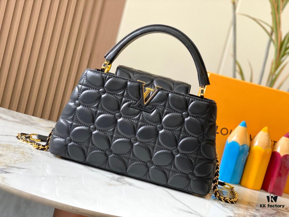 Upgraded M23999 Black Monogram Embroidered Floral Capucines BB Bag