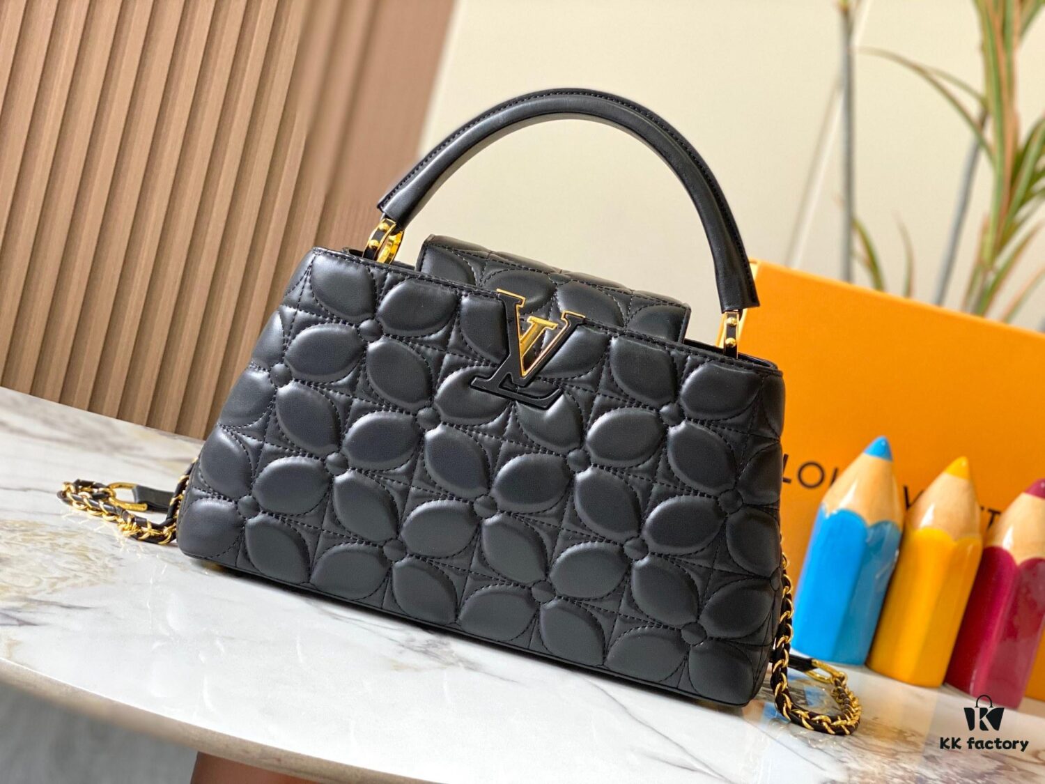 Upgraded M23999 Black Monogram Embroidered Floral Capucines BB Bag