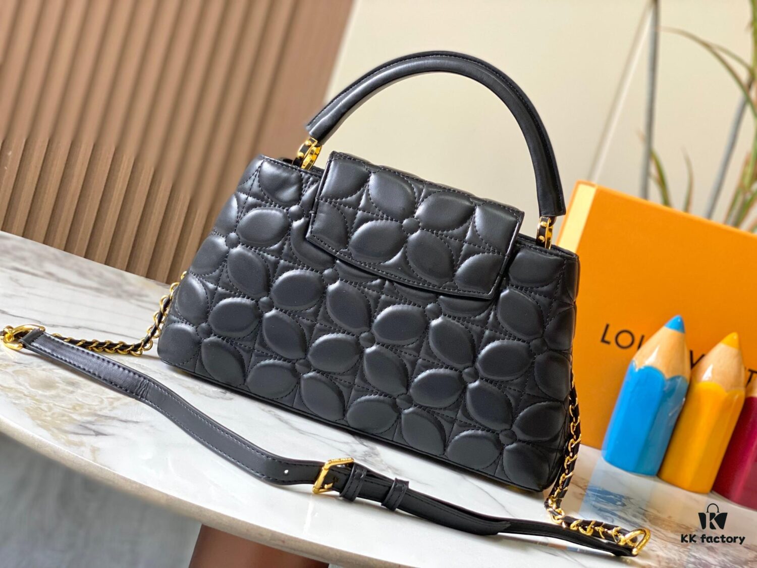 Upgraded M23999 Black Monogram Embroidered Floral Capucines BB Bag