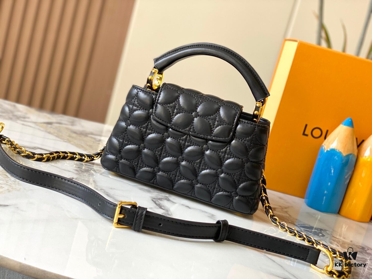 Upgraded M23998 Black Monogram Embroidered Floral Capucines Mini Bag