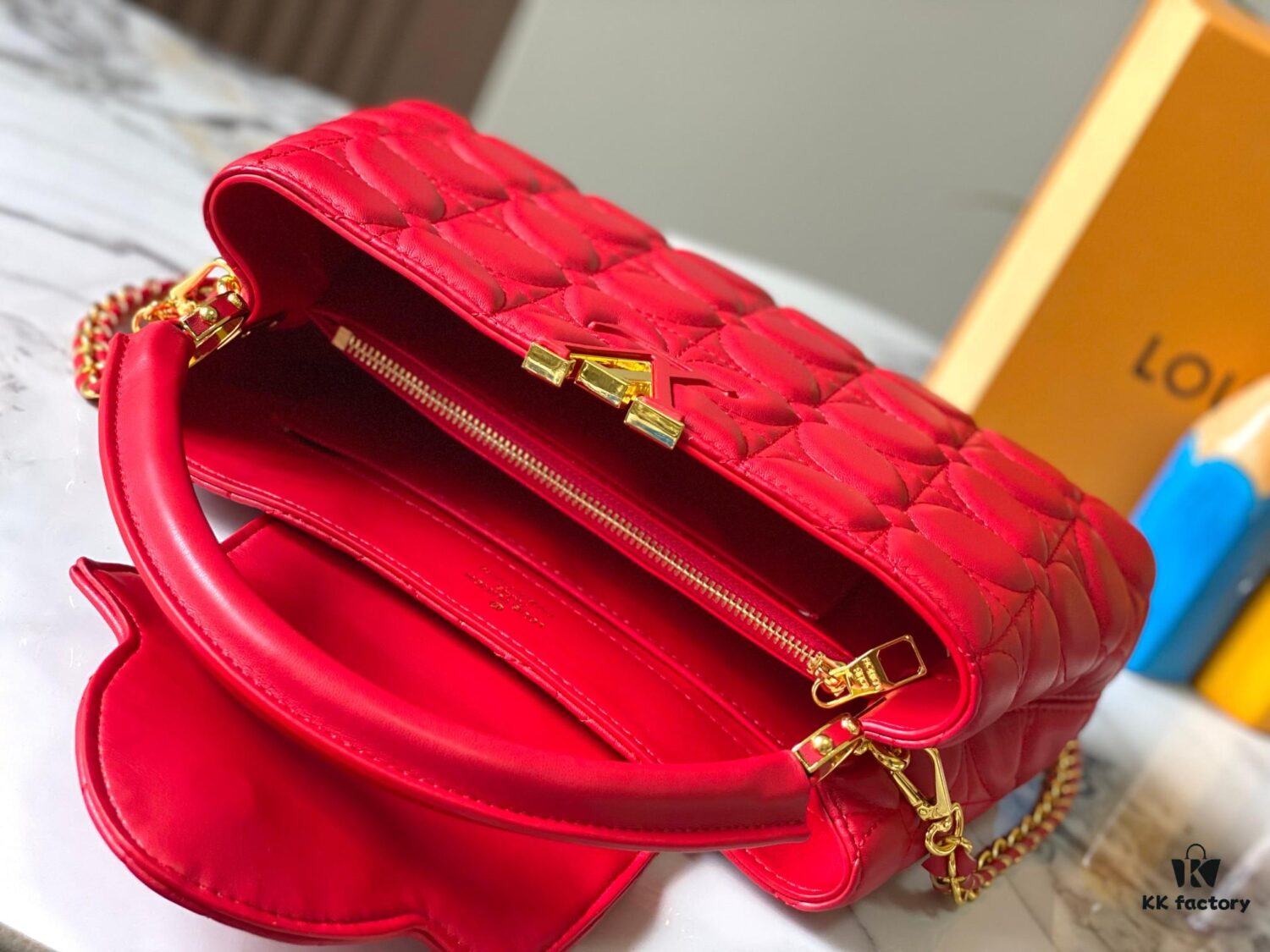 Upgraded M23999 Red Monogram Embroidered Floral Capucines BB Bag