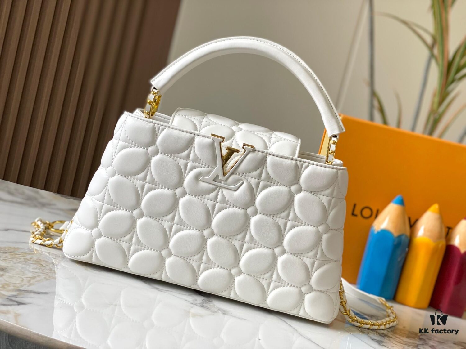 Upgraded M23999 White Monogram Embroidered Floral Capucines BB Bag