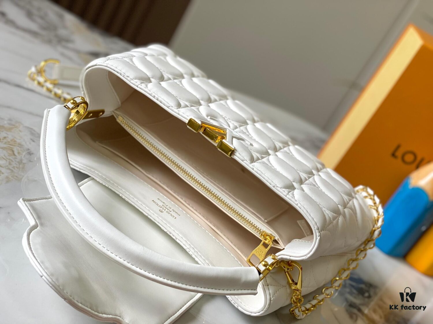 Upgraded M23999 White Monogram Embroidered Floral Capucines BB Bag