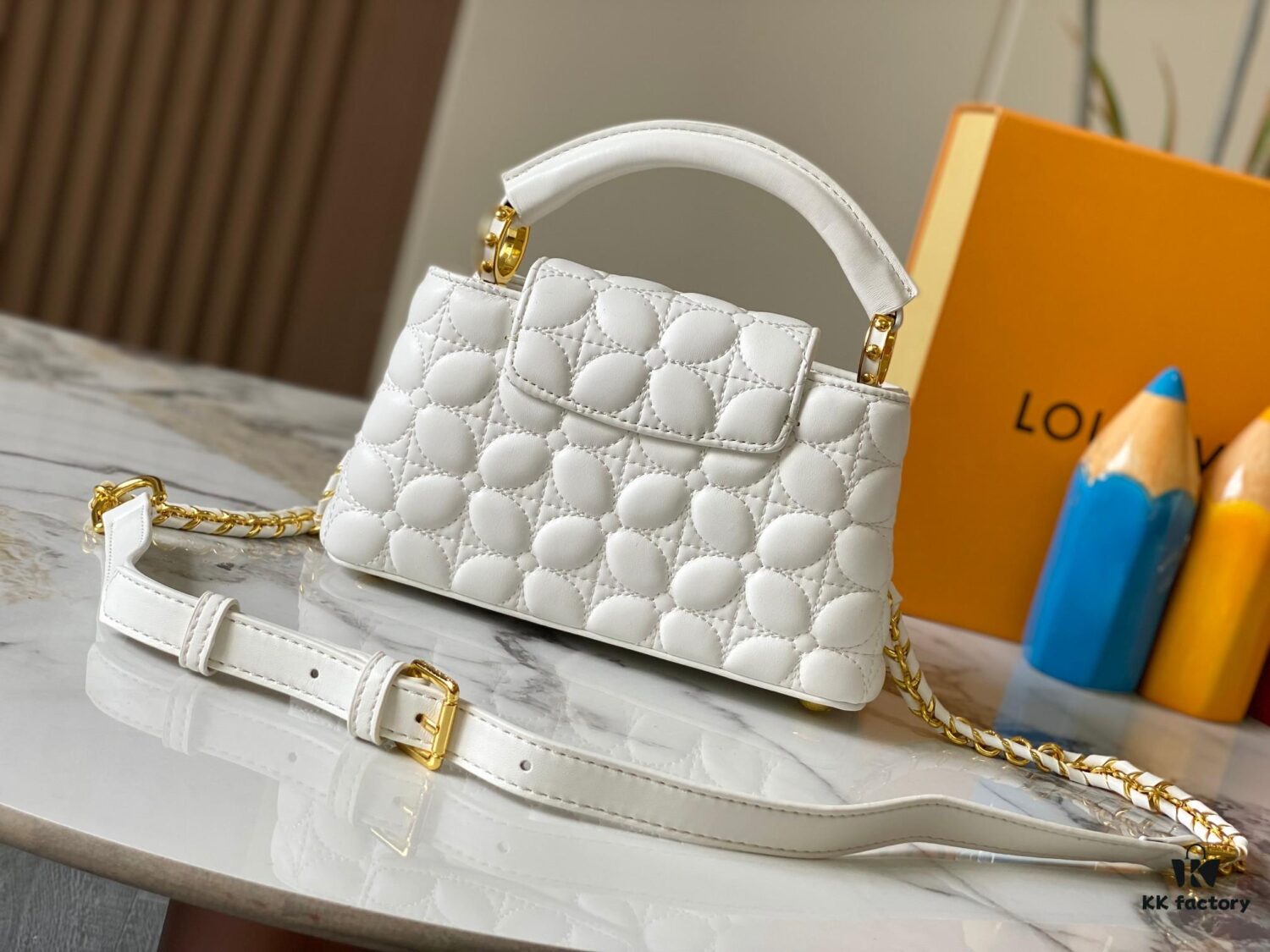 Upgraded M23998 White Monogram Embroidered Floral Capucines Mini Bag