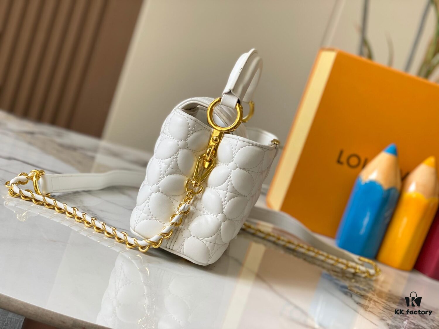 Upgraded M23998 White Monogram Embroidered Floral Capucines Mini Bag