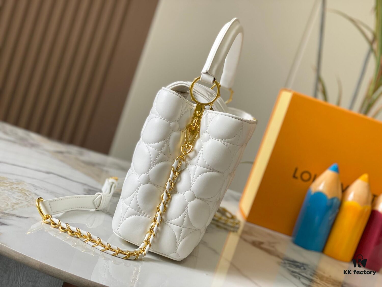 Upgraded M23999 White Monogram Embroidered Floral Capucines BB Bag