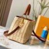 Upgraded M11617 Capucines BB Handbag featuring a woven rattan design inspired by the 1892 Louis Vuitton picnic trunk