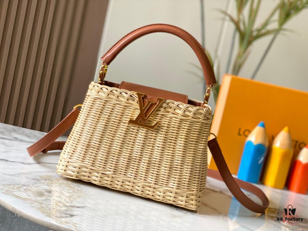 Upgraded M11617 Capucines BB Handbag featuring a woven rattan design inspired by the 1892 Louis Vuitton picnic trunk