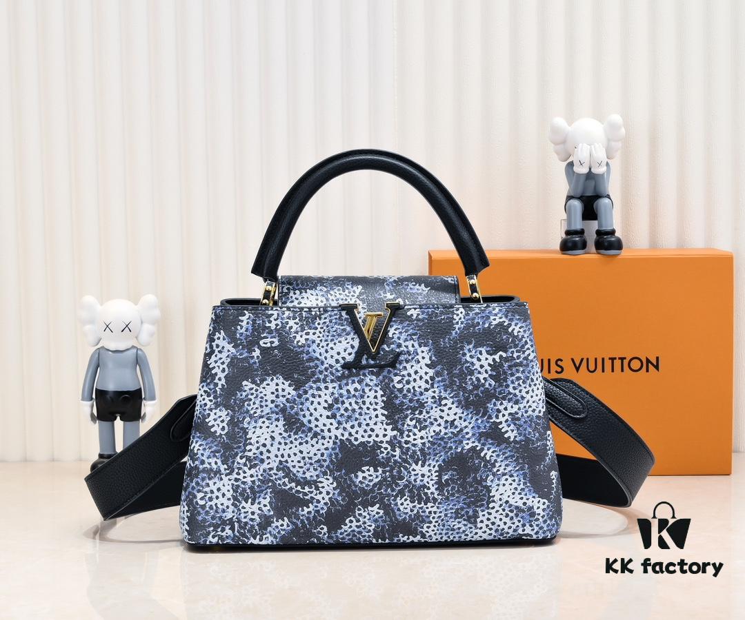 Upgraded Black M21726 Louis Vuitton x Yayoi Kusama Capsule Collection Reimagines the LV x YK Capucines Medium Handbag in a Surreal Dreamscape, Drawing Inspiration from the Japanese Artist's 'My Eternal Soul' Series Since 2009, Featuring Eccentric Faces and Organic Forms. The Artistic Design Is Enhanced with Printed and Embroidered Motifs on Luxurious Taurillon Leather, Making It a Distinguished Addition to Any Art-Inspired Collection.