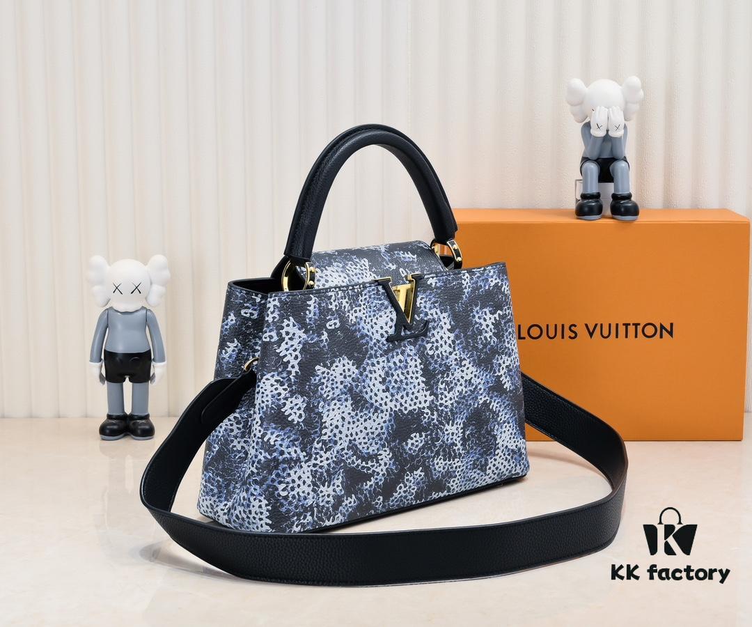 Upgraded Black M21726 Louis Vuitton x Yayoi Kusama Capsule Collection Reimagines the LV x YK Capucines Medium Handbag in a Surreal Dreamscape, Drawing Inspiration from the Japanese Artist's 'My Eternal Soul' Series Since 2009, Featuring Eccentric Faces and Organic Forms. The Artistic Design Is Enhanced with Printed and Embroidered Motifs on Luxurious Taurillon Leather, Making It a Distinguished Addition to Any Art-Inspired Collection.