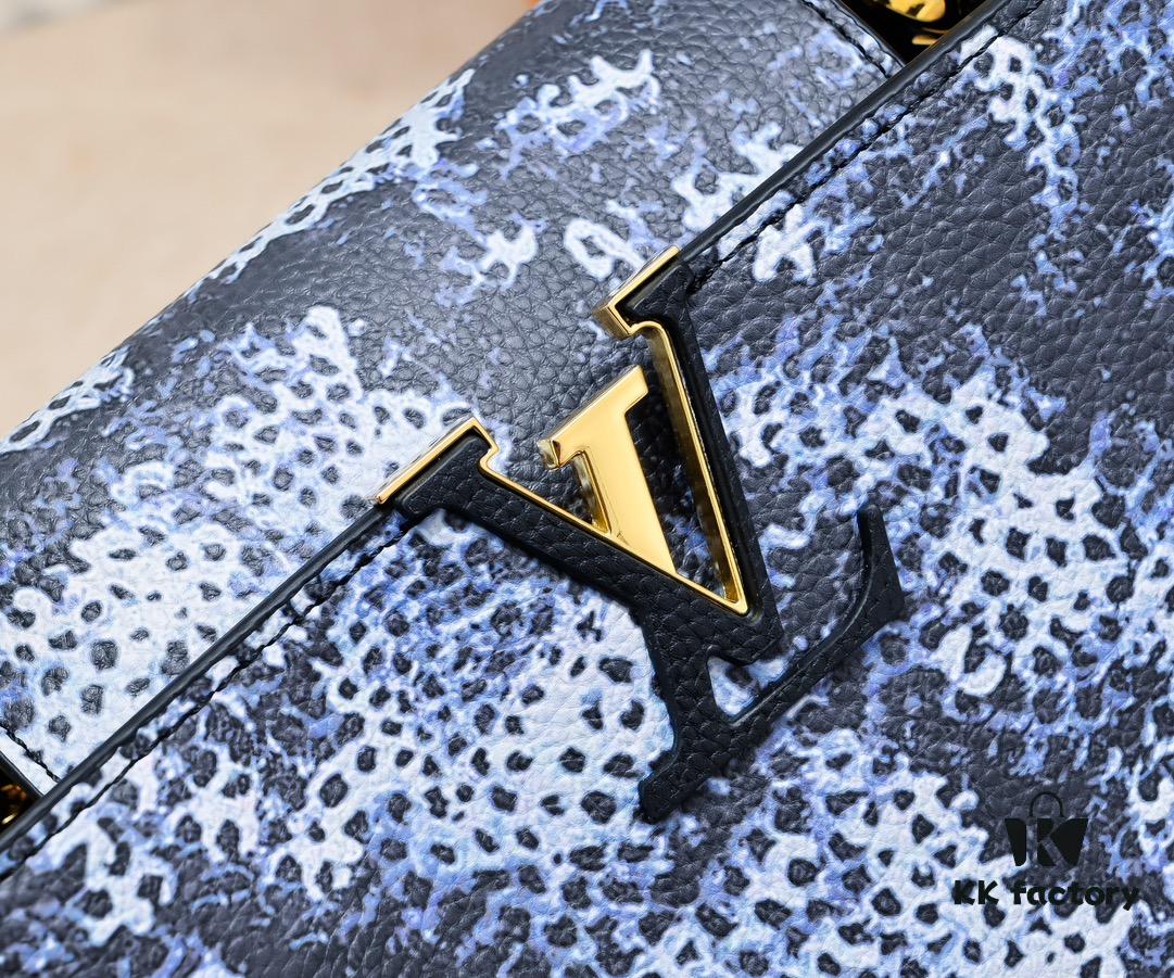 Upgraded Black M21726 Louis Vuitton x Yayoi Kusama Capsule Collection Reimagines the LV x YK Capucines Medium Handbag in a Surreal Dreamscape, Drawing Inspiration from the Japanese Artist's 'My Eternal Soul' Series Since 2009, Featuring Eccentric Faces and Organic Forms. The Artistic Design Is Enhanced with Printed and Embroidered Motifs on Luxurious Taurillon Leather, Making It a Distinguished Addition to Any Art-Inspired Collection.