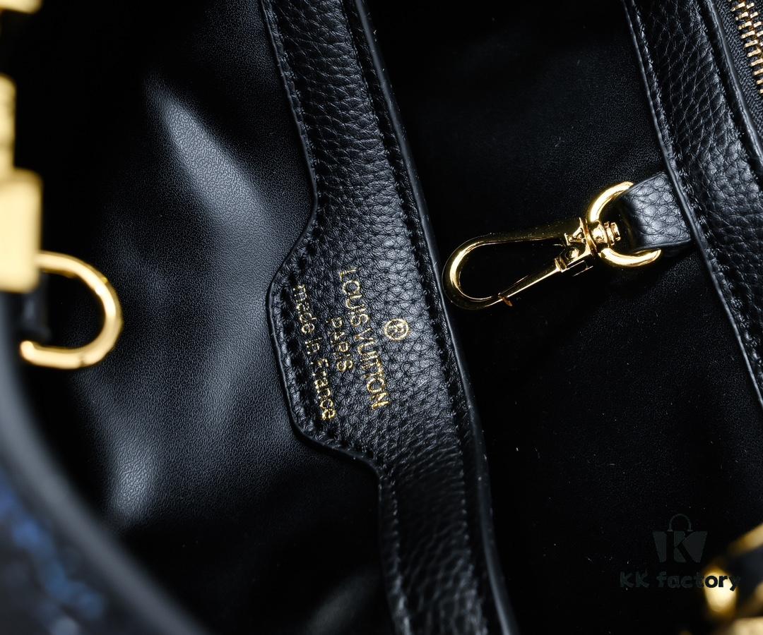 Upgraded Black M21726 Louis Vuitton x Yayoi Kusama Capsule Collection Reimagines the LV x YK Capucines Medium Handbag in a Surreal Dreamscape, Drawing Inspiration from the Japanese Artist's 'My Eternal Soul' Series Since 2009, Featuring Eccentric Faces and Organic Forms. The Artistic Design Is Enhanced with Printed and Embroidered Motifs on Luxurious Taurillon Leather, Making It a Distinguished Addition to Any Art-Inspired Collection.