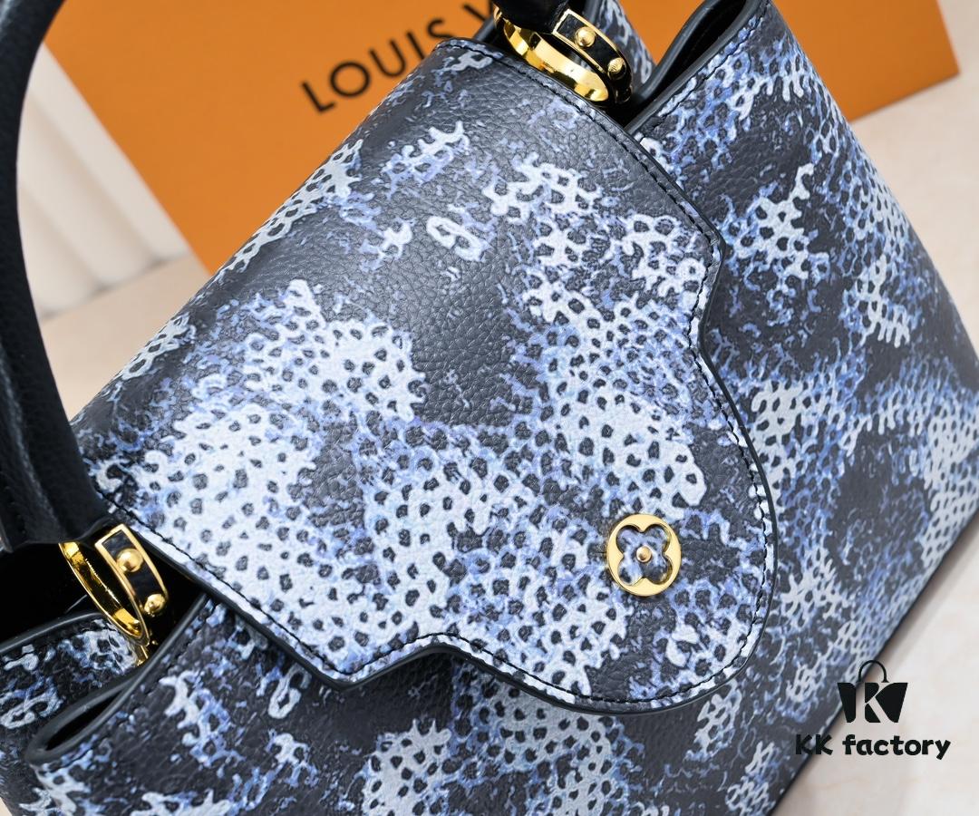 Upgraded Black M21726 Louis Vuitton x Yayoi Kusama Capsule Collection Reimagines the LV x YK Capucines Medium Handbag in a Surreal Dreamscape, Drawing Inspiration from the Japanese Artist's 'My Eternal Soul' Series Since 2009, Featuring Eccentric Faces and Organic Forms. The Artistic Design Is Enhanced with Printed and Embroidered Motifs on Luxurious Taurillon Leather, Making It a Distinguished Addition to Any Art-Inspired Collection.