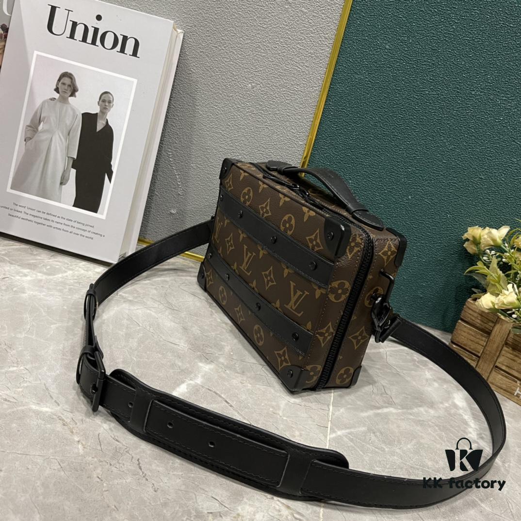 Upgraded Version 🔥 M45935 59163 Handle Soft Trunk Handbag crafted from Louis Vuitton's iconic Monogram Macassar canvas, featuring stud corners and leather reinforcement straps that evoke the brand's trunk-making heritage. Sleek silhouette with a detachable shoulder strap allows easy portability for small electronic devices and personal essentials. Wide opening facilitates convenient access to contents.