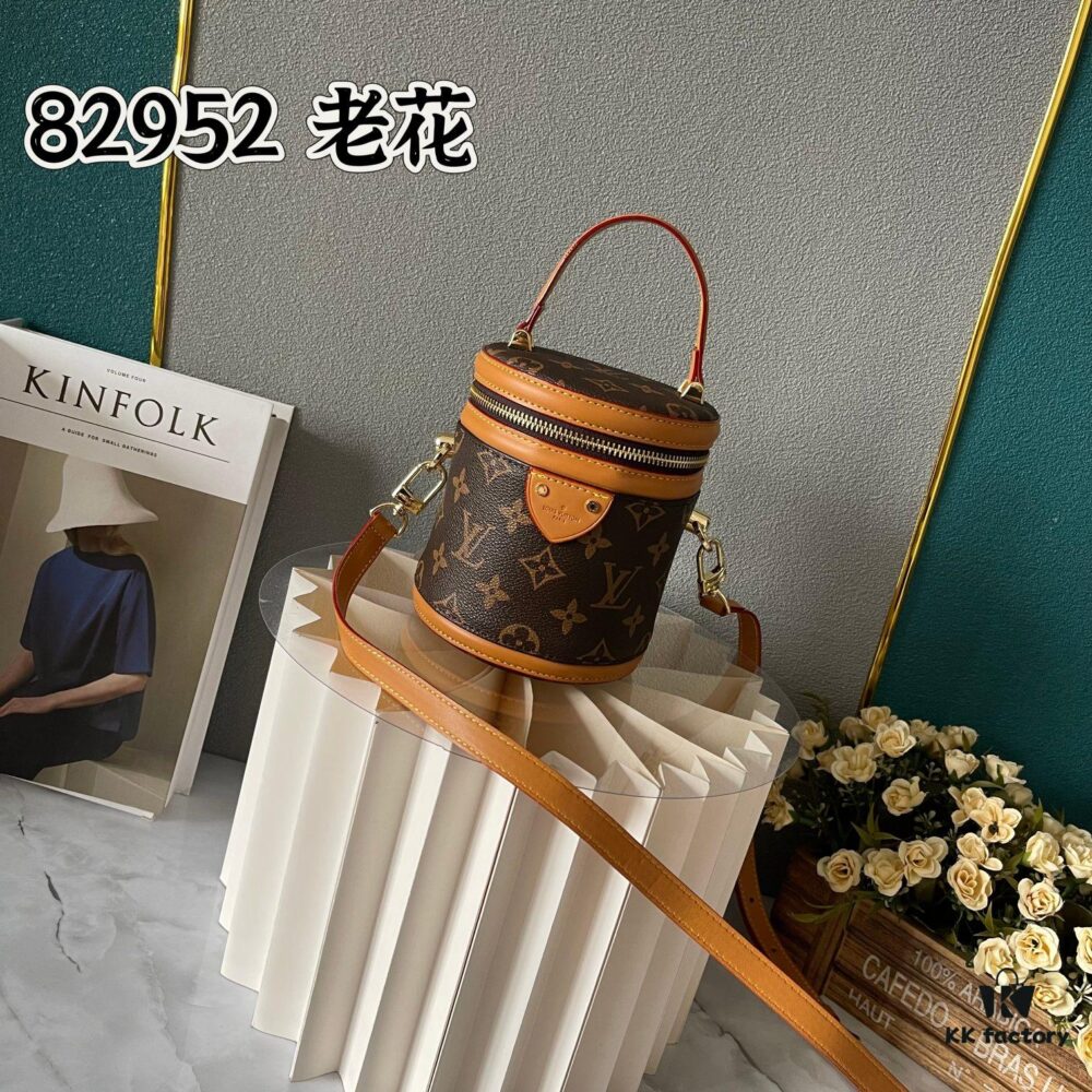 Upgraded Version [Exclusive Real Photo M82952 Damier Azur and Sunflower] This Nano Cannes Handbag features a cylindrical silhouette crafted from Monogram canvas, echoing the design of a makeup pouch.