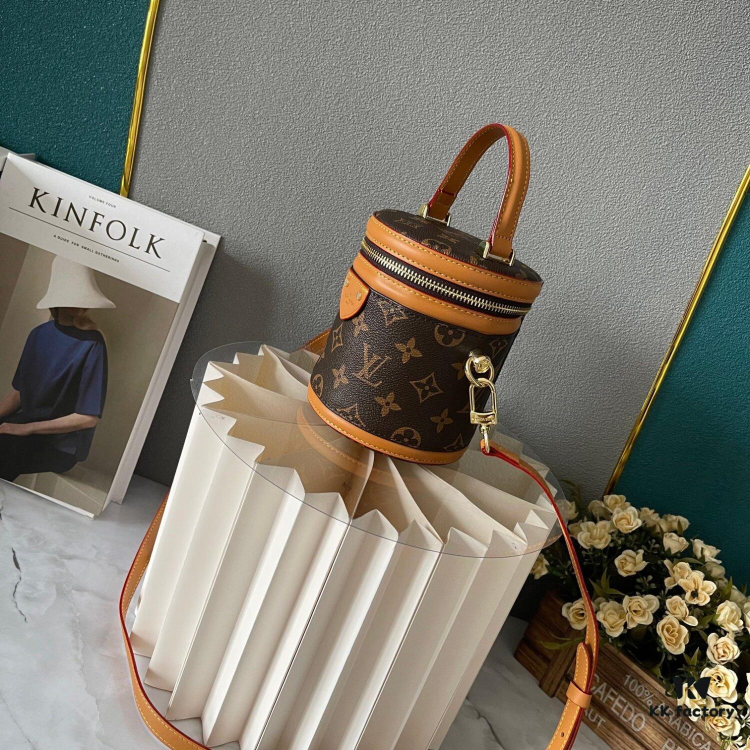 Upgraded Version [Exclusive Real Photo M82952 Damier Azur and Sunflower] This Nano Cannes Handbag features a cylindrical silhouette crafted from Monogram canvas, echoing the design of a makeup pouch.