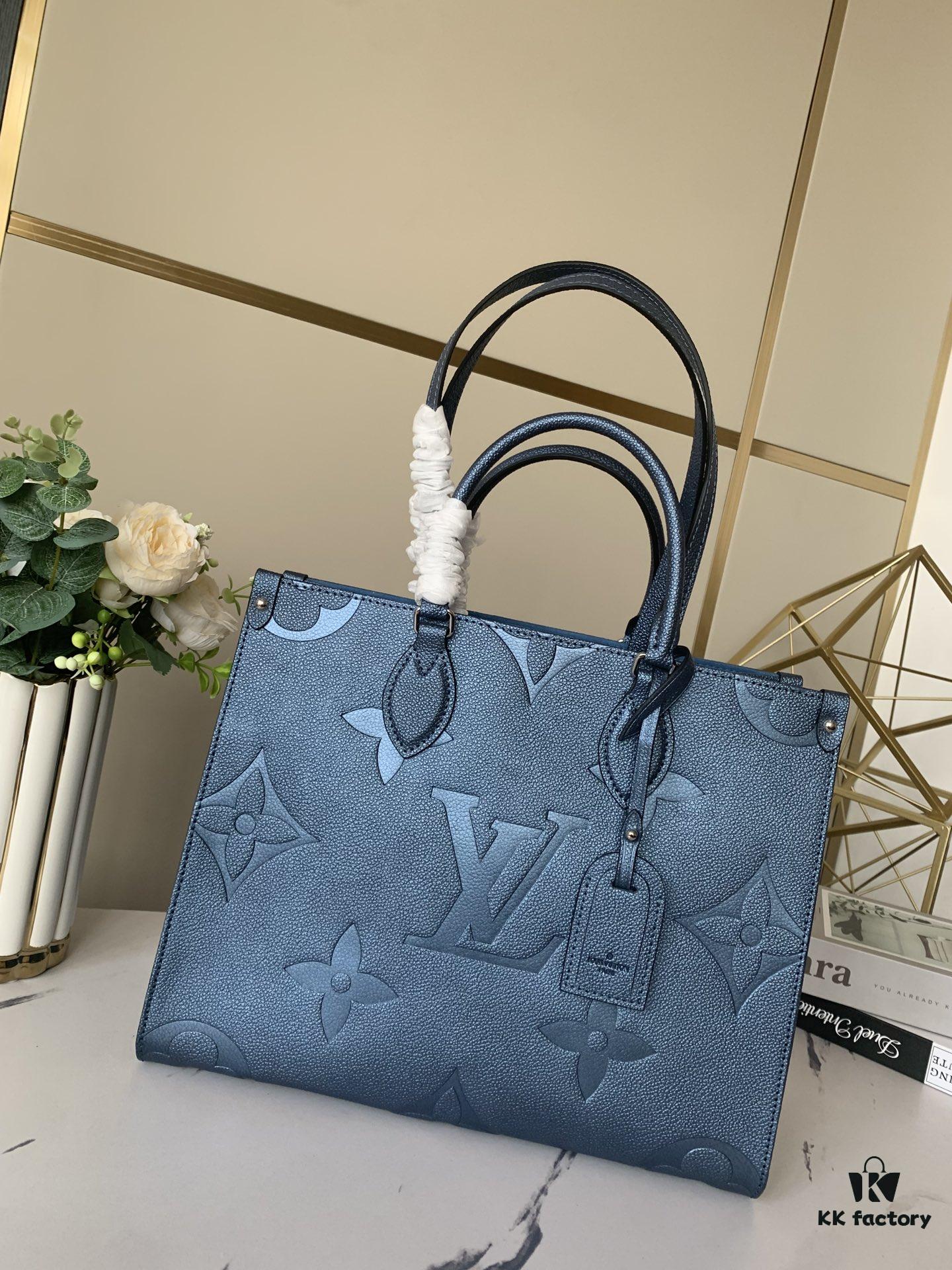 Top-Grade Full-Grain Leather, Exclusive Real Photo - M45595 Pearl Blue Full Leather Matelassé By The Pool Capsule Collection OnTheGo Medium Tote Bag