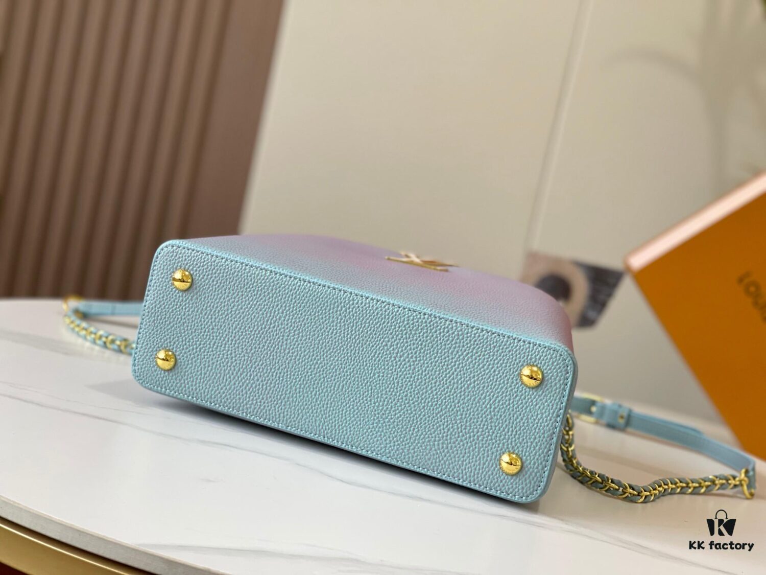 Upgraded M20841 Stellar Pearl Blue Shell Button Capucines MM Bag