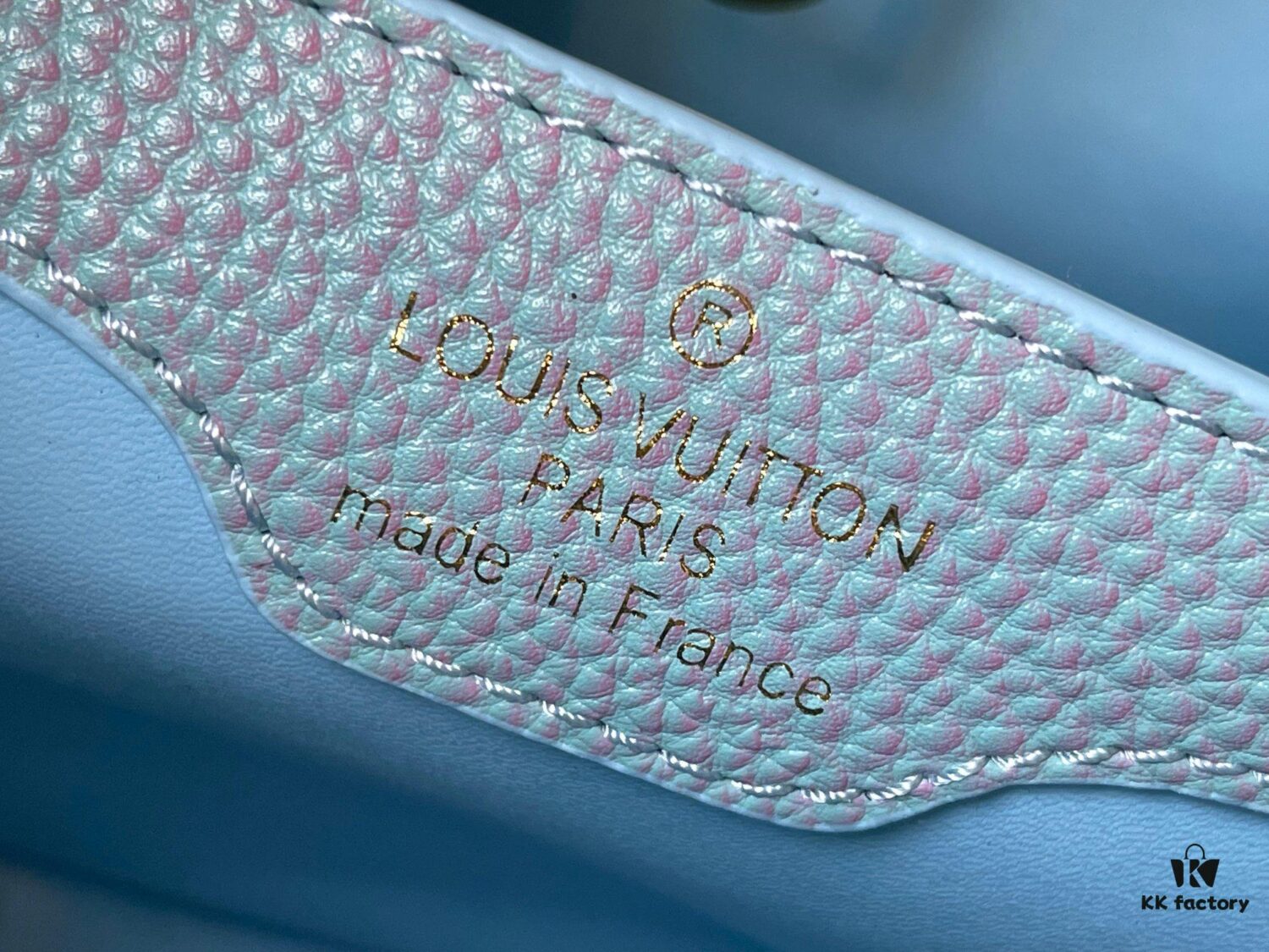 Upgraded M20841 Stellar Pearl Blue Shell Button Capucines MM Bag