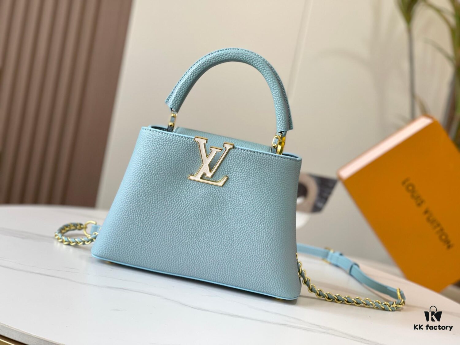 Upgraded M59868 Starlight Shimmer Blue Mother-of-Pearl Button Capucines BB Bag