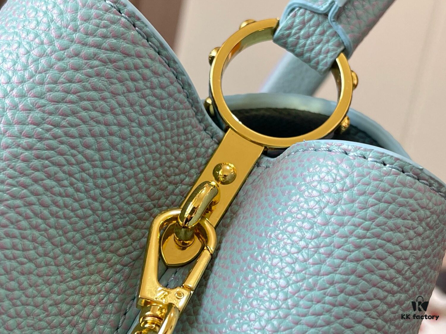 Upgraded M20841 Stellar Pearl Blue Shell Button Capucines MM Bag