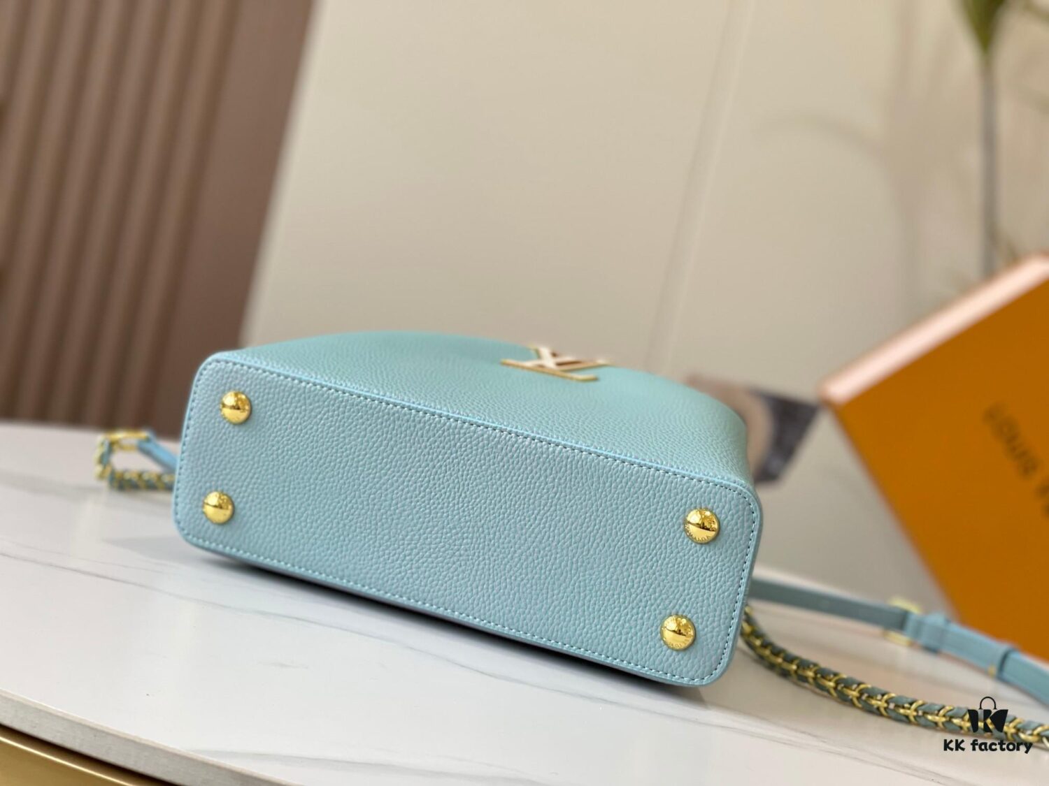 Upgraded M59868 Starlight Shimmer Blue Mother-of-Pearl Button Capucines BB Bag