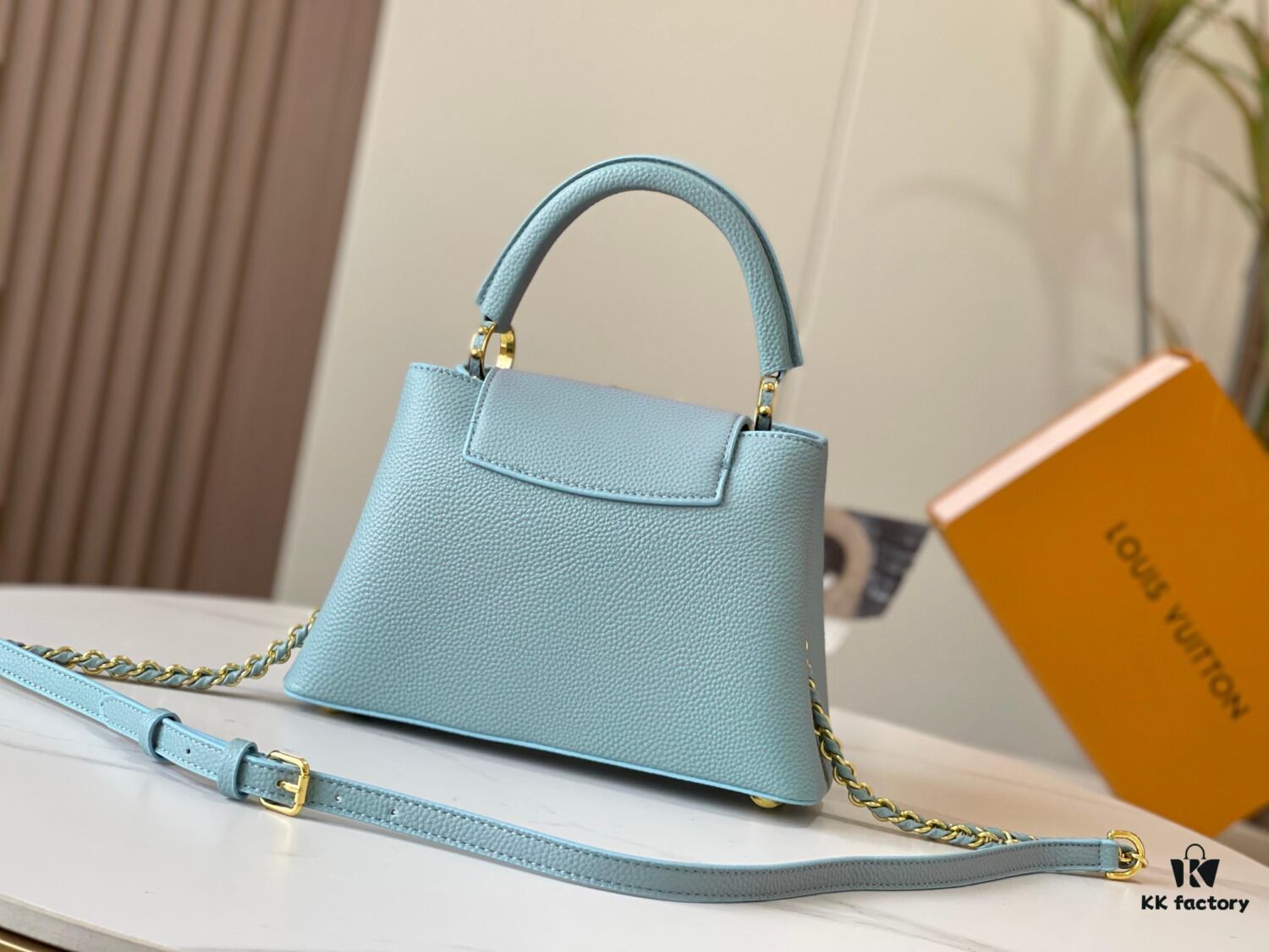 Upgraded M59868 Starlight Shimmer Blue Mother-of-Pearl Button Capucines BB Bag