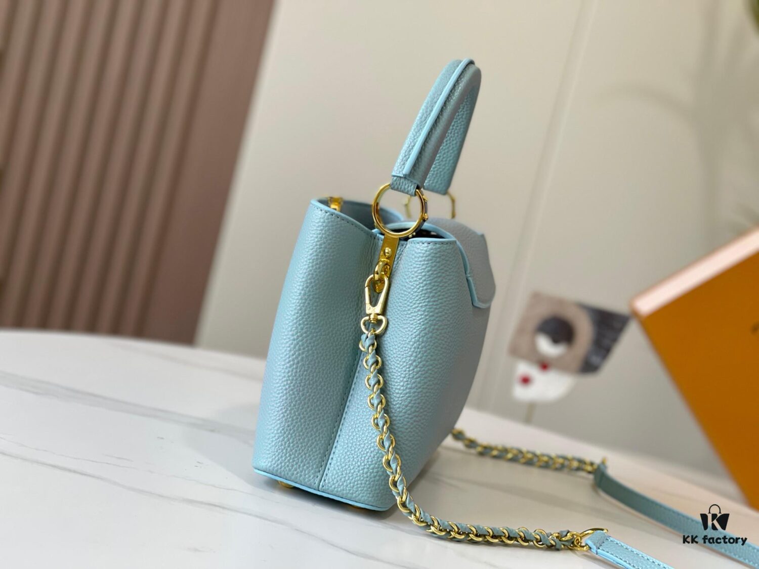 Upgraded M59868 Starlight Shimmer Blue Mother-of-Pearl Button Capucines BB Bag