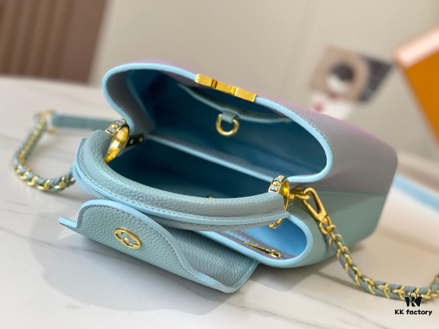 Upgraded M59868 Starlight Shimmer Blue Mother-of-Pearl Button Capucines BB Bag