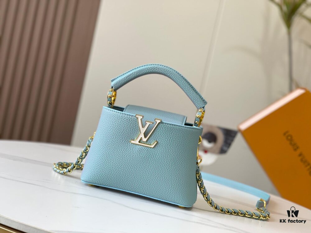 Upgraded M59850 Stellar Pearlized Blue Shell Button Capucines Mini Bag