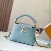 Upgraded M59850 Stellar Pearlized Blue Shell Button Capucines Mini Bag