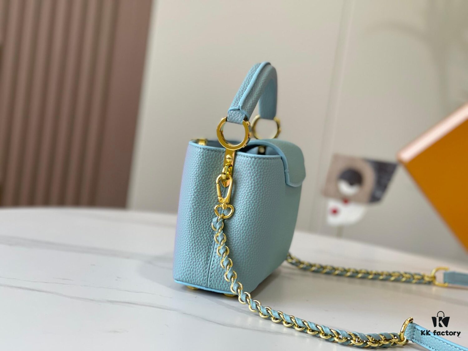 Upgraded M59850 Stellar Pearlized Blue Shell Button Capucines Mini Bag