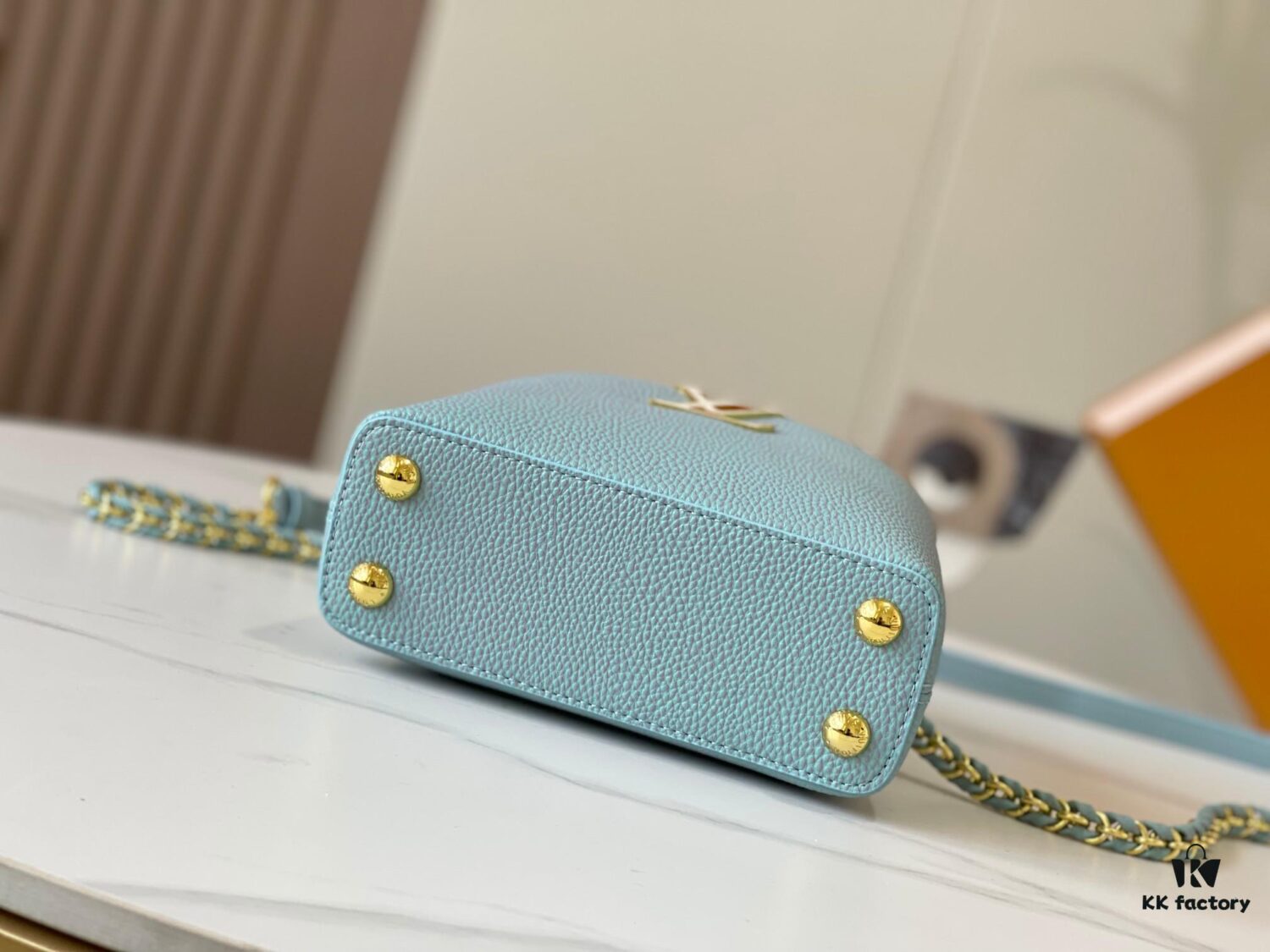 Upgraded M59850 Stellar Pearlized Blue Shell Button Capucines Mini Bag