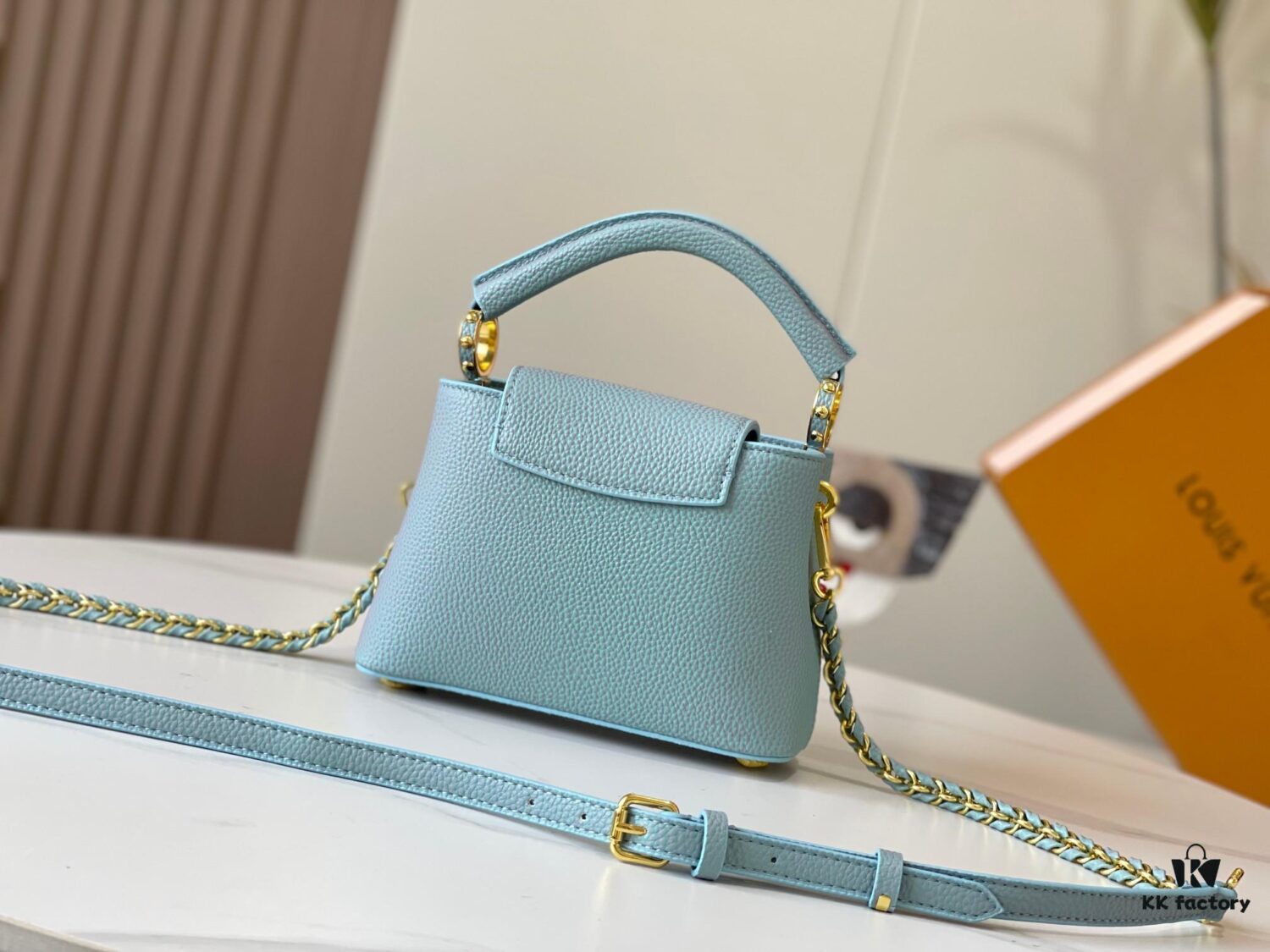 Upgraded M59850 Stellar Pearlized Blue Shell Button Capucines Mini Bag