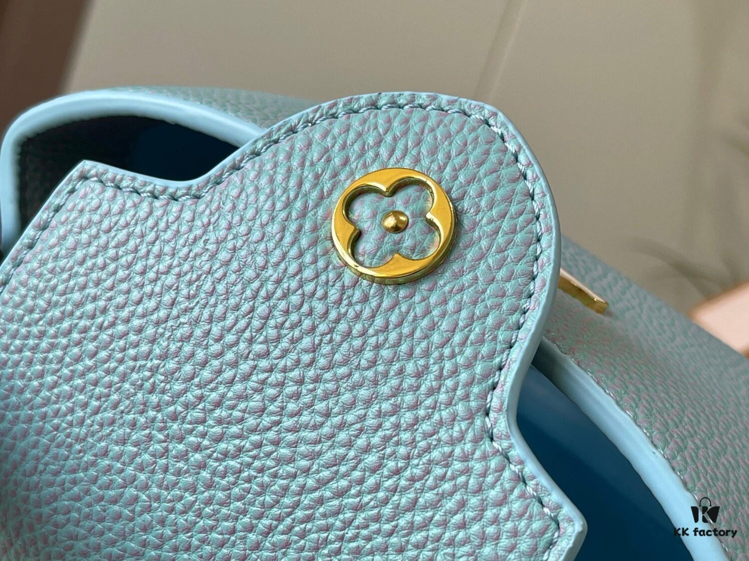 Upgraded M59850 Stellar Pearlized Blue Shell Button Capucines Mini Bag