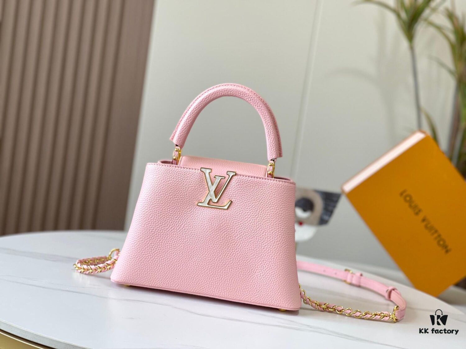 Upgraded M59868 Stellar Pearlized Powder with Mother-of-Pearl Button - This Capucines BB Bag Features Taurillon Leather That Shimmers in Changing Hues Under Different Lights