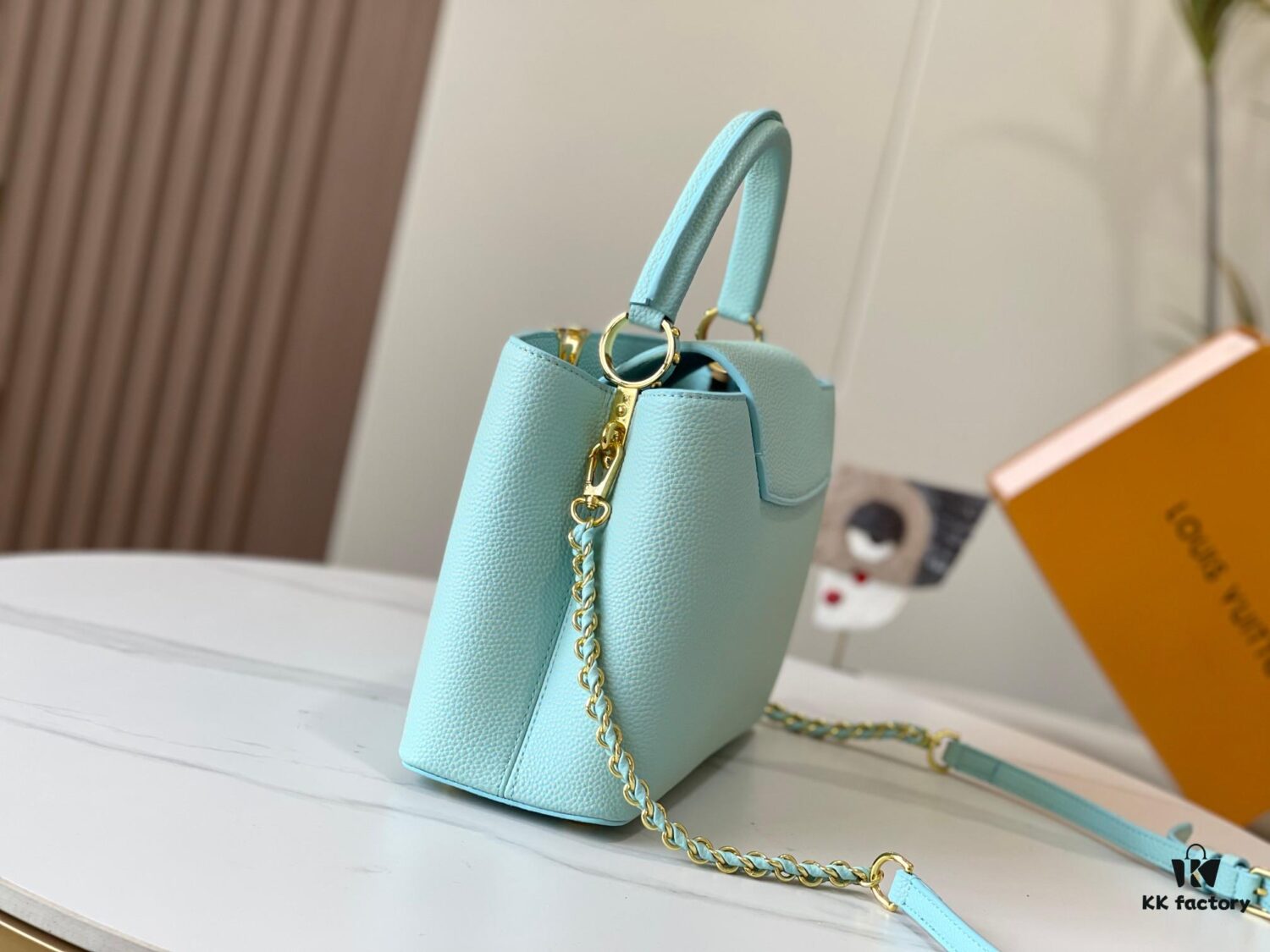 Upgraded M20841 Stellar Pearl Green Shell Button Capucines MM Handbag