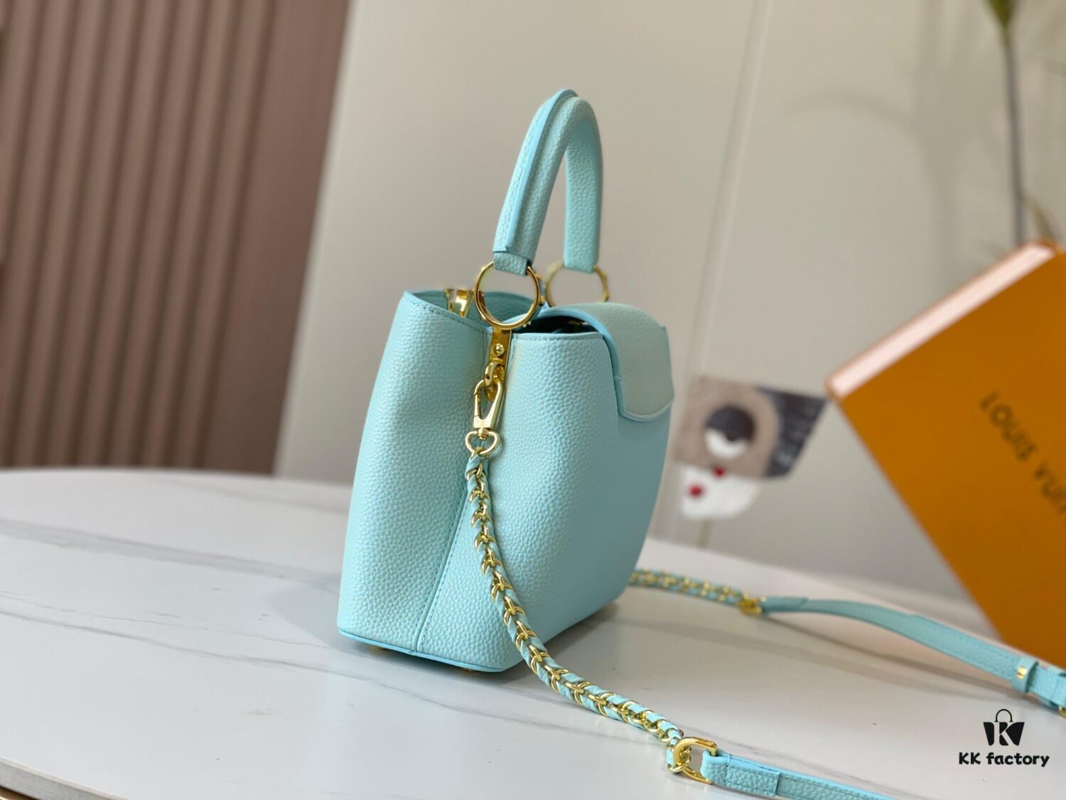 Upgraded M59868 Stellar Pearl Green Shell Button Capucines BB Bag