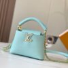 Upgraded M59850 Stellar Pearl Blue Shell Button Capucines Mini Bag