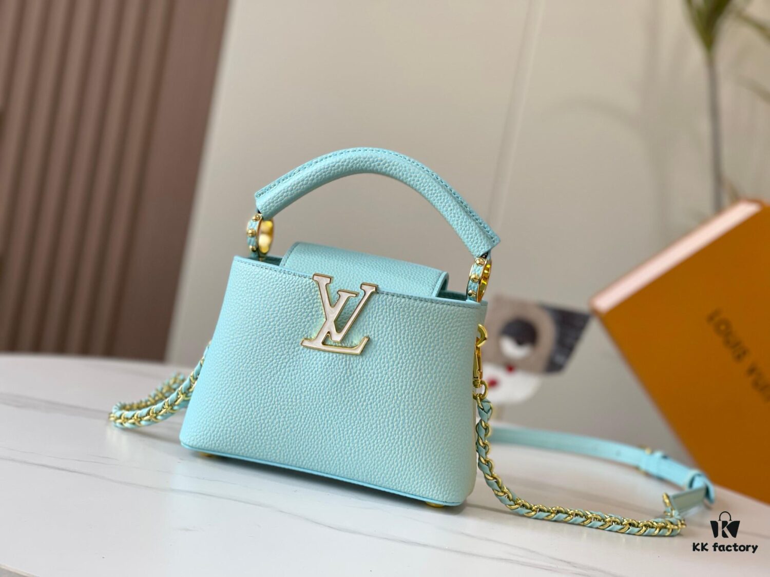 Upgraded M59850 Stellar Pearl Blue Shell Button Capucines Mini Bag