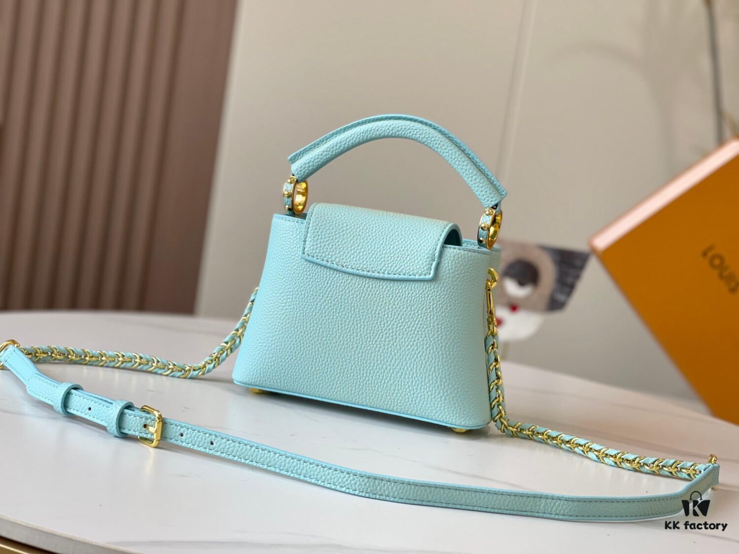 Upgraded M59850 Stellar Pearl Blue Shell Button Capucines Mini Bag