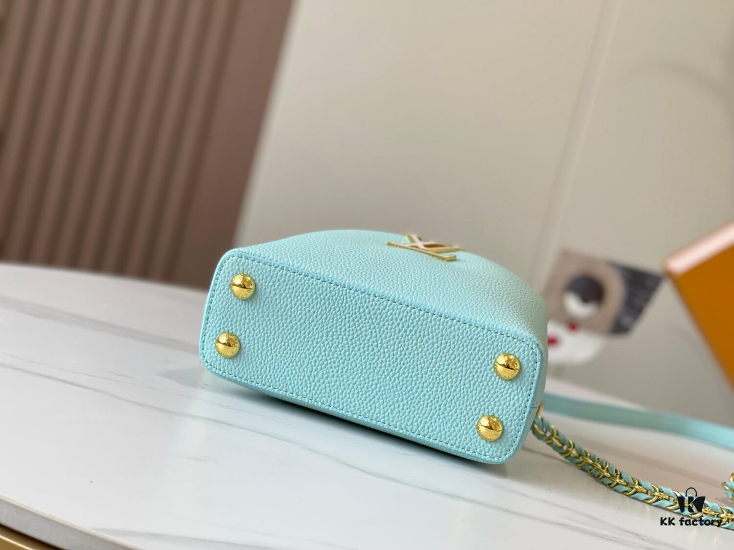 Upgraded M59850 Stellar Pearl Blue Shell Button Capucines Mini Bag