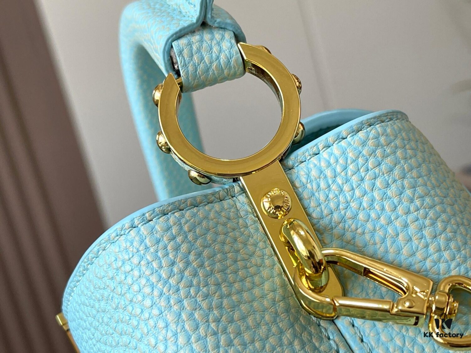 Upgraded M59850 Stellar Pearl Blue Shell Button Capucines Mini Bag