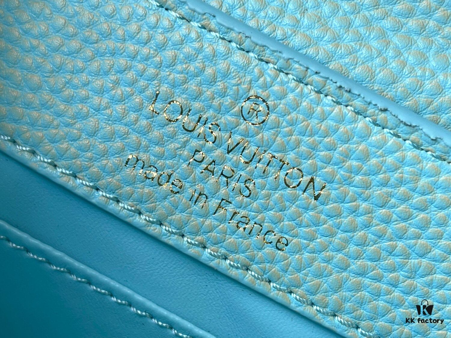 Upgraded M59850 Stellar Pearl Blue Shell Button Capucines Mini Bag