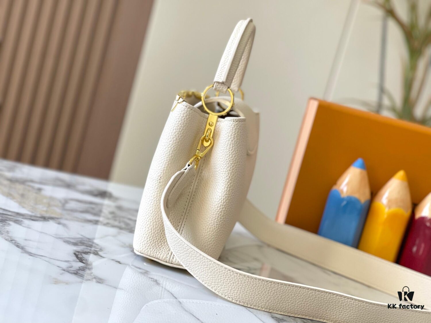 Upgraded M23766 White-on-White Mother-of-Pearl Capucines Flower Crown Bag