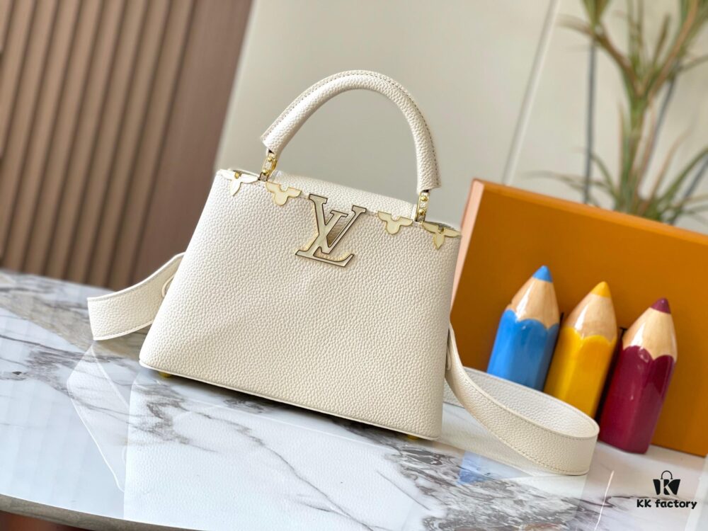 Upgraded M23766 White-on-White Mother-of-Pearl Capucines Flower Crown Bag