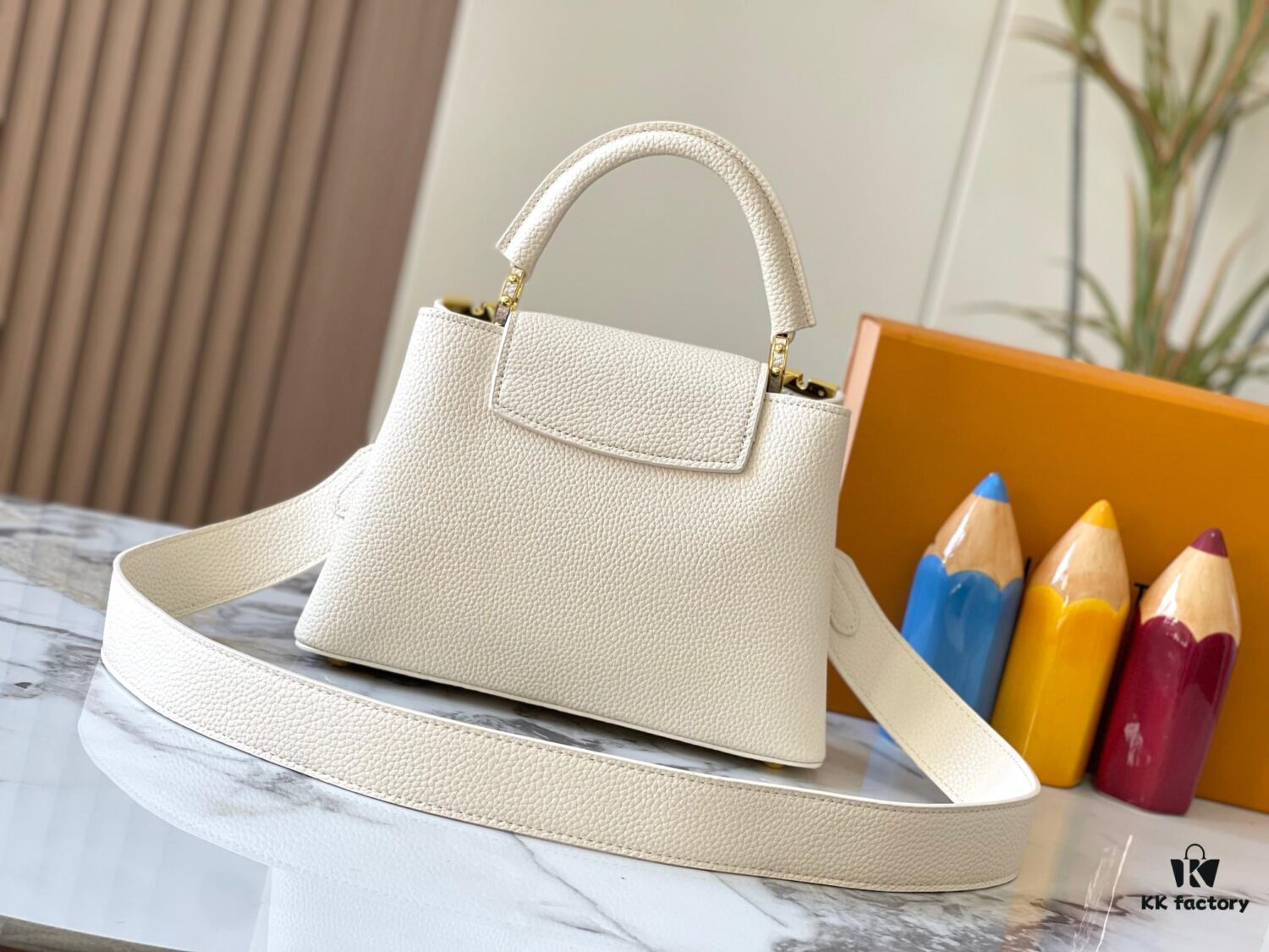 Upgraded M23766 White-on-White Mother-of-Pearl Capucines Flower Crown Bag