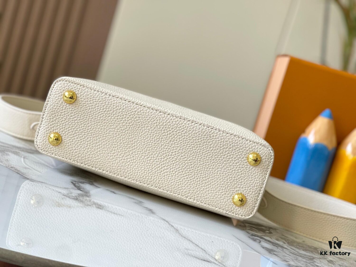 Upgraded M23766 White-on-White Mother-of-Pearl Capucines Flower Crown Bag